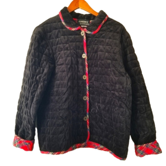 Vintage Jackets & Blazers - Vintage 90s Quilt Coat Plaid Cotton Lined Black Velvet Size Vintage XL
